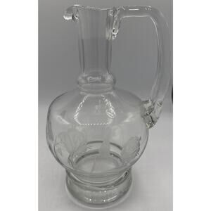 Vintage Footed Etched Glass Wine Decanter with Applied Handle Floral Pattern